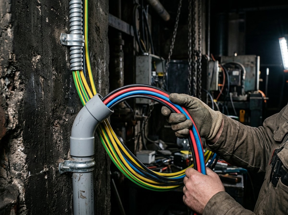 Flexible PVC wires being routed through conduit pipes